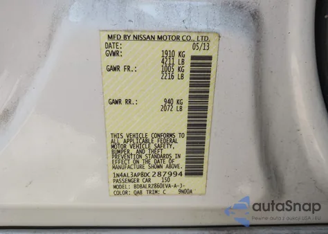 2013 Nissan Altima 2.5 S from USA, damaged, VIN 1N4AL3AP8DC287994